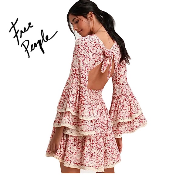 🌺Free People Kristall Berry Red Floral Print Bell Sleeve Mini Dress Medium🌸 - Picture 1 of 14